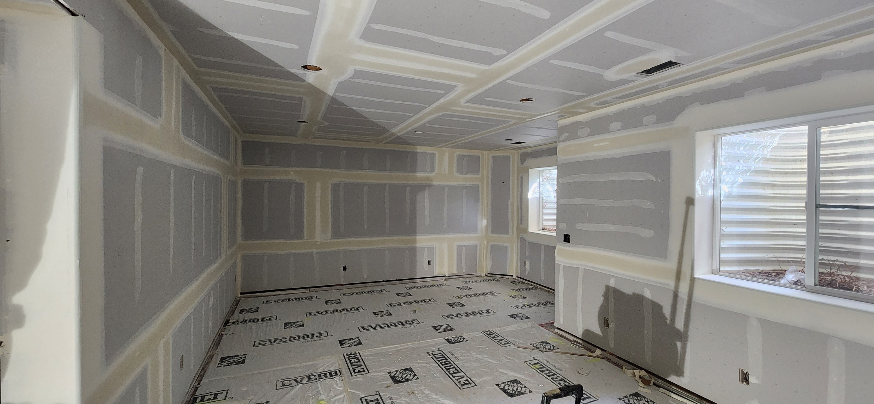 Drywall taping and finishing on coffered ceiling